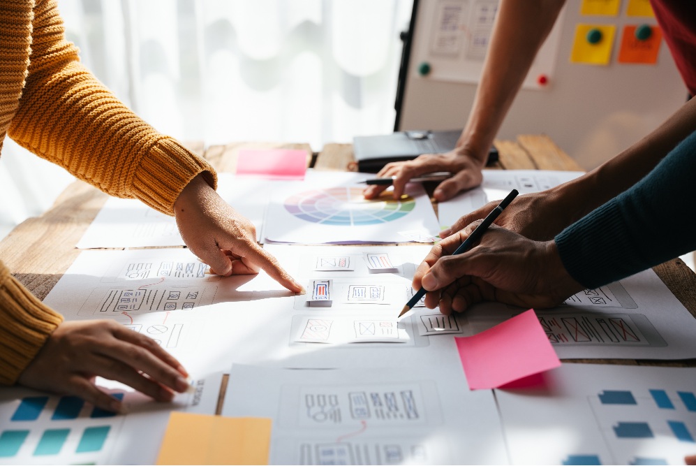 ux Graphic designer creative sketch planning application process development prototype wireframe for web mobile phone . User experience concept.